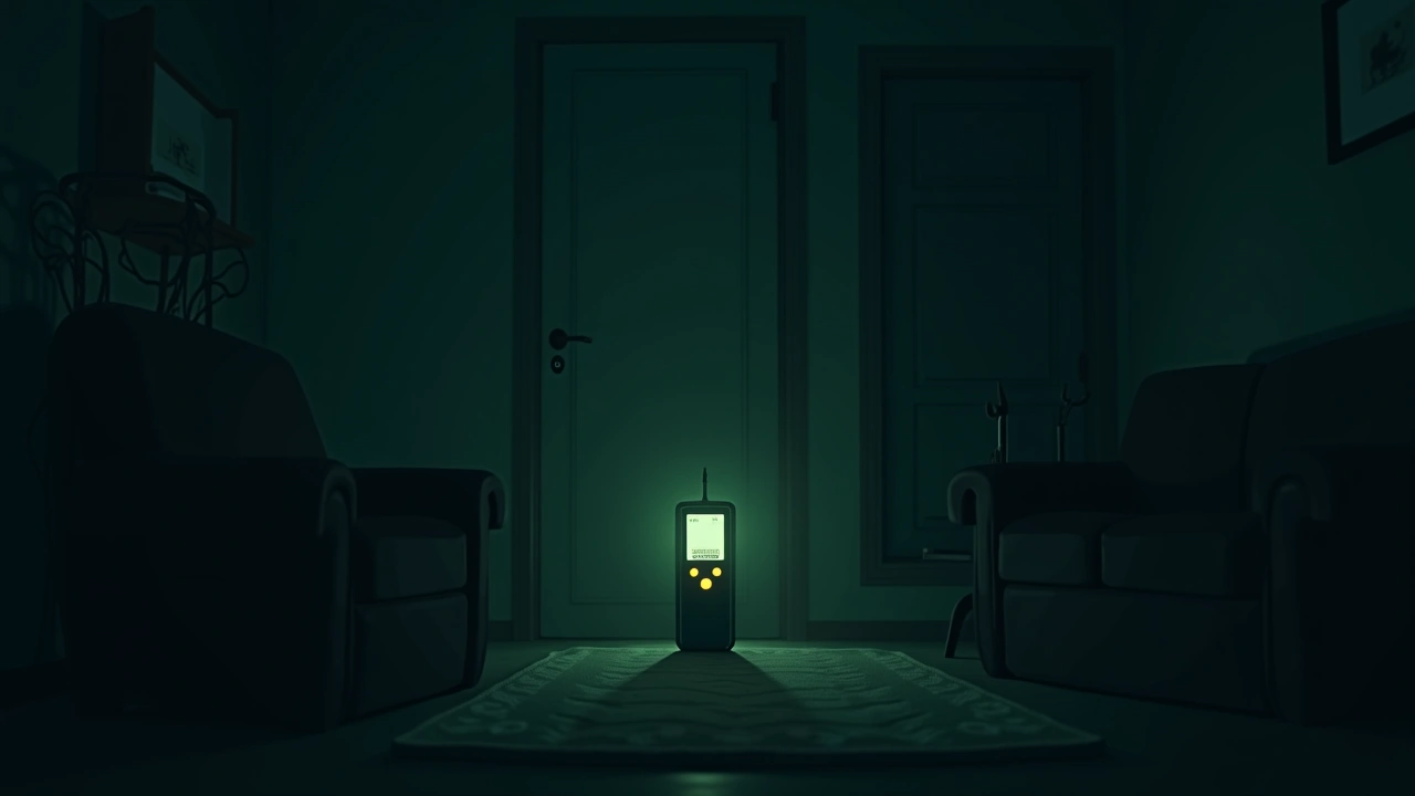 Illustration: a handheld EMF meter glowing in a dim, quiet living room at night.