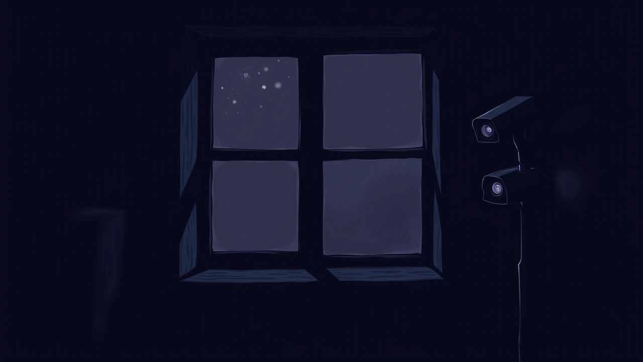 Illustration: a dark window at night, security-camera monitors glowing nearby, no one in view.