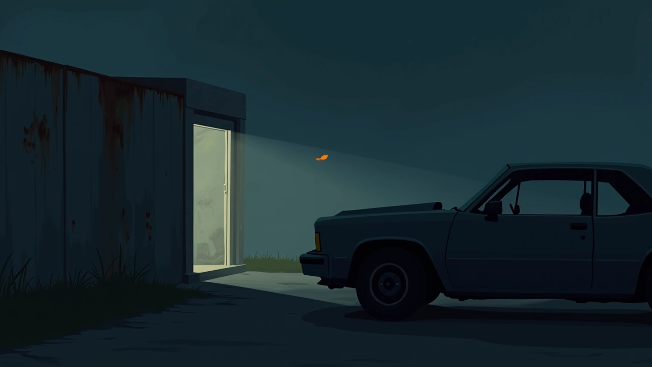 Illustration: a single leaf drifting through an open car window at night beside a rusted metal door.