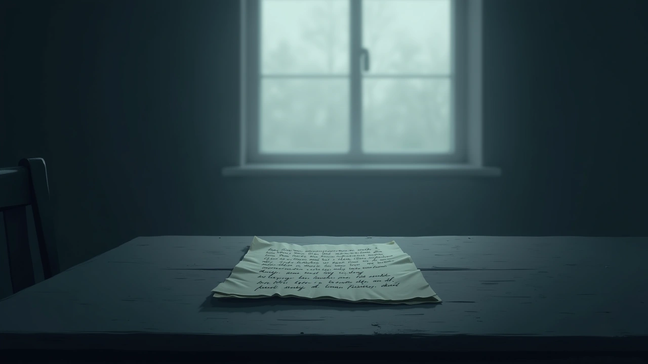 Illustration: a folded handwritten letter resting on a dim tabletop, soft window light beyond.