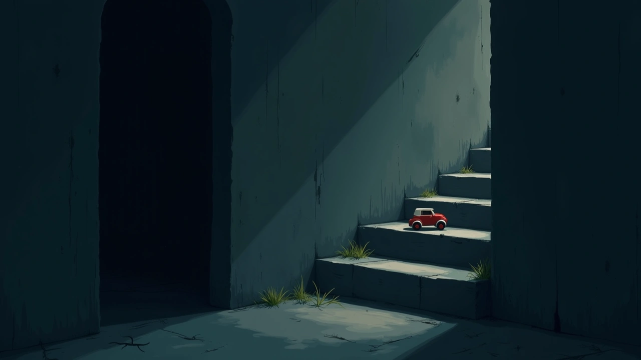 Illustration: a shadowy basement stairwell in an old house, a single child's toy left on a step.