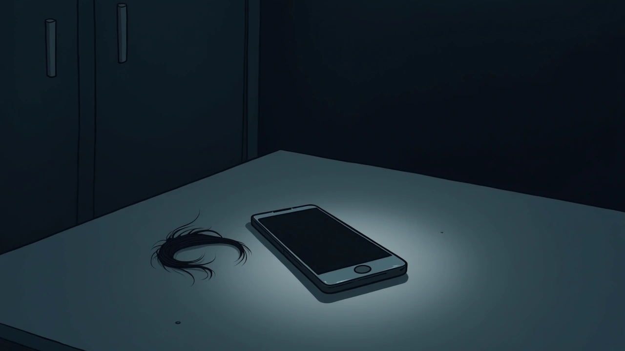 Illustration: A smartphone resting on a table beside a small lock of hair, dim lighting.