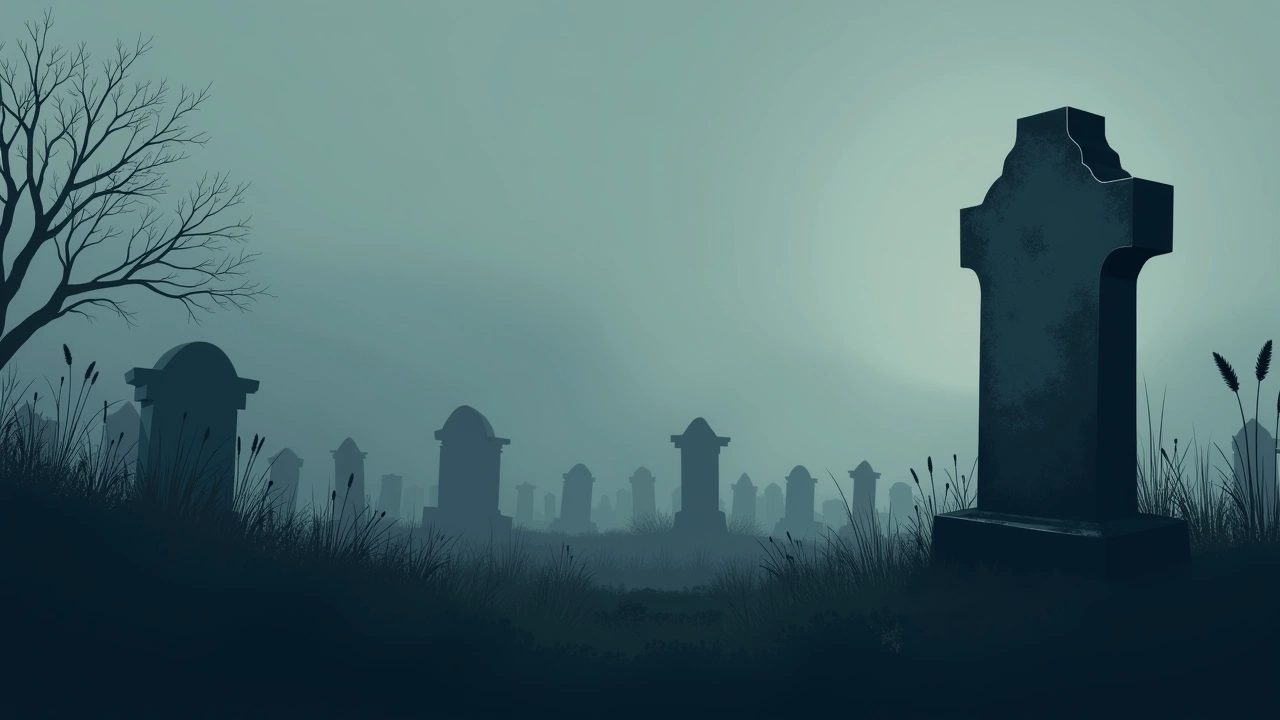 Illustration: a cemetery at dusk, a single weathered gravestone in focus.