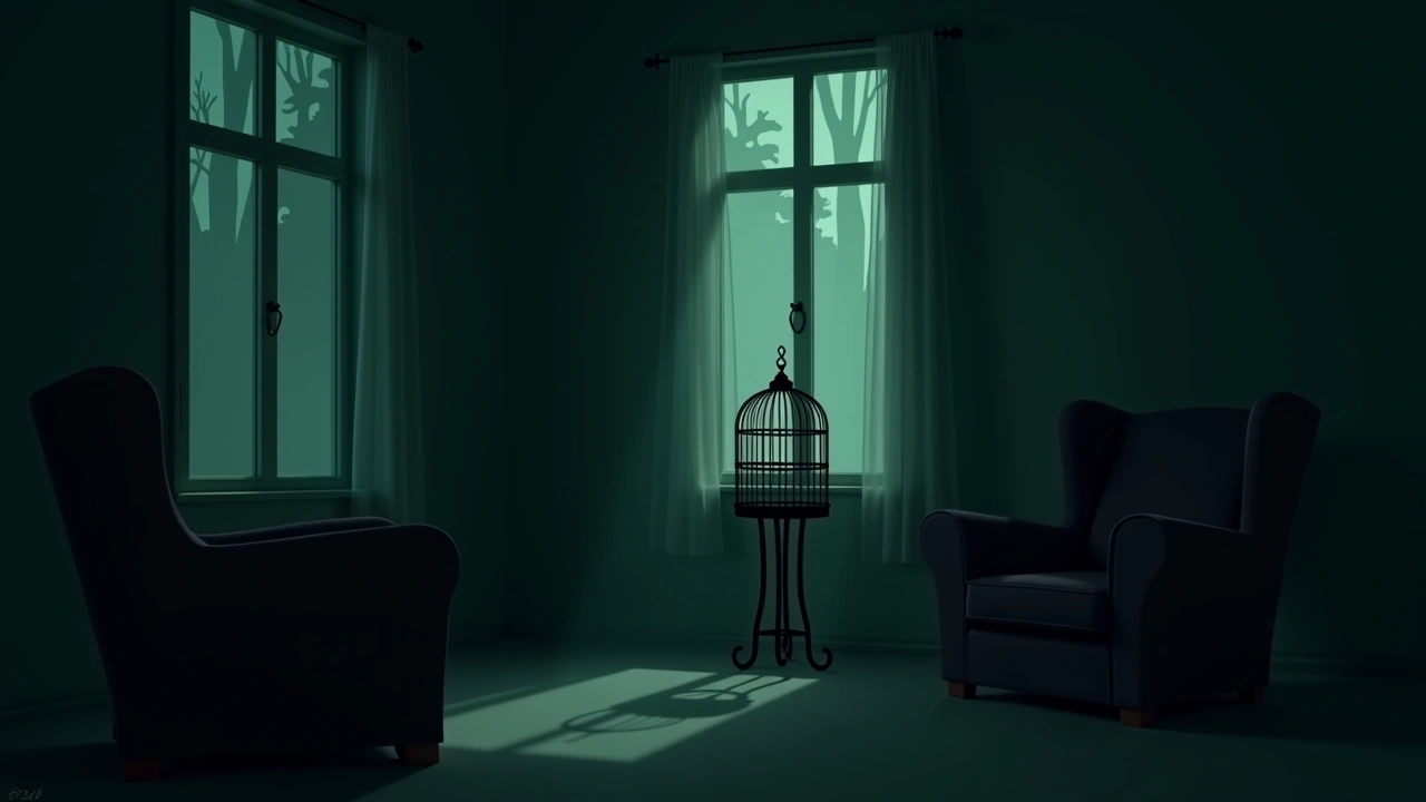 Illustration: a birdcage in a quiet living room with the windows closed.