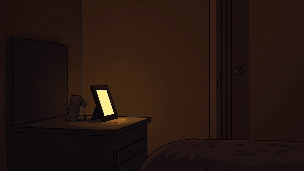 Illustration: A dim bedroom at night with a phone glowing beside a framed photograph on a nightstand.