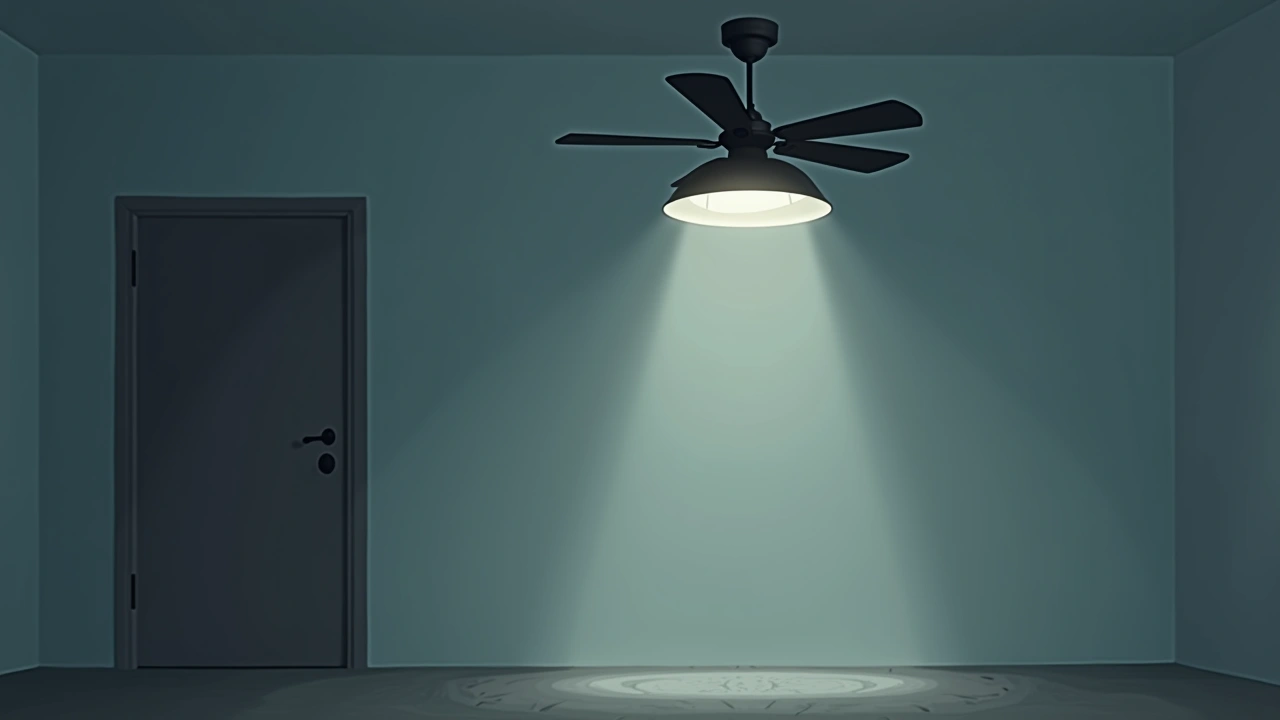 Illustration: an overhead ceiling fan slowly turning in a quiet room.