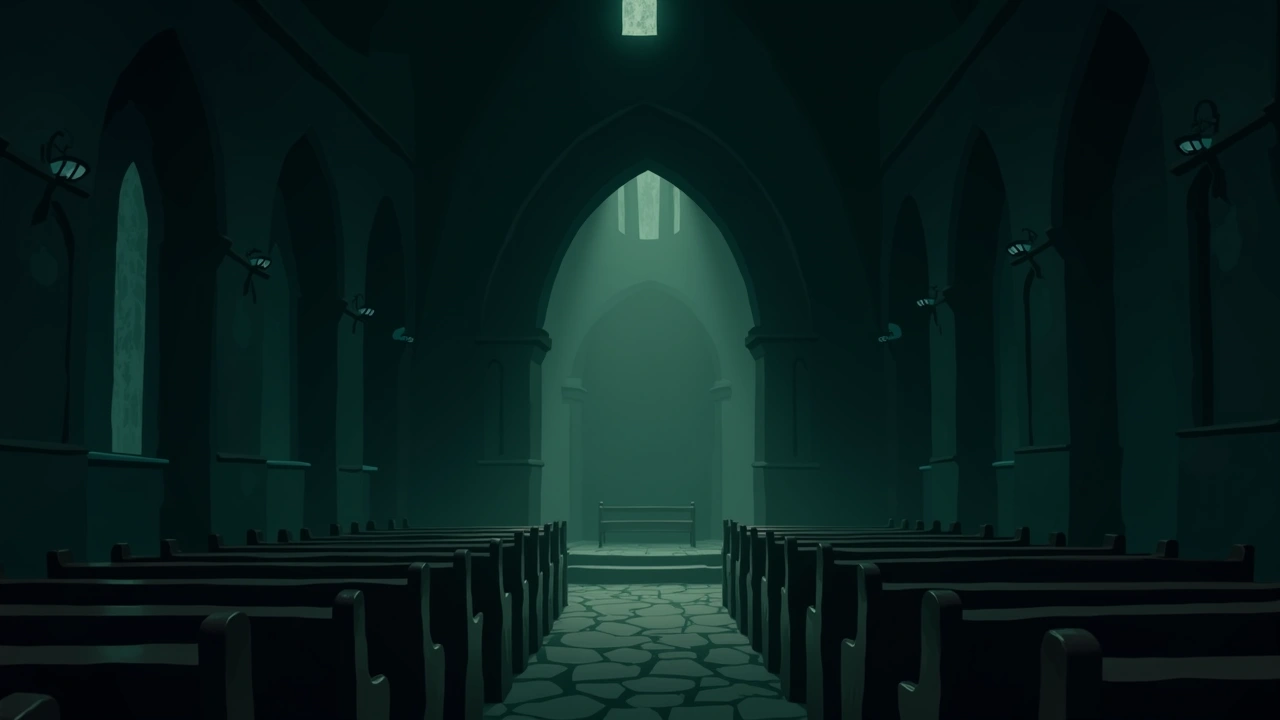 Illustration: the dim interior of an old stone church, pews in shadow.