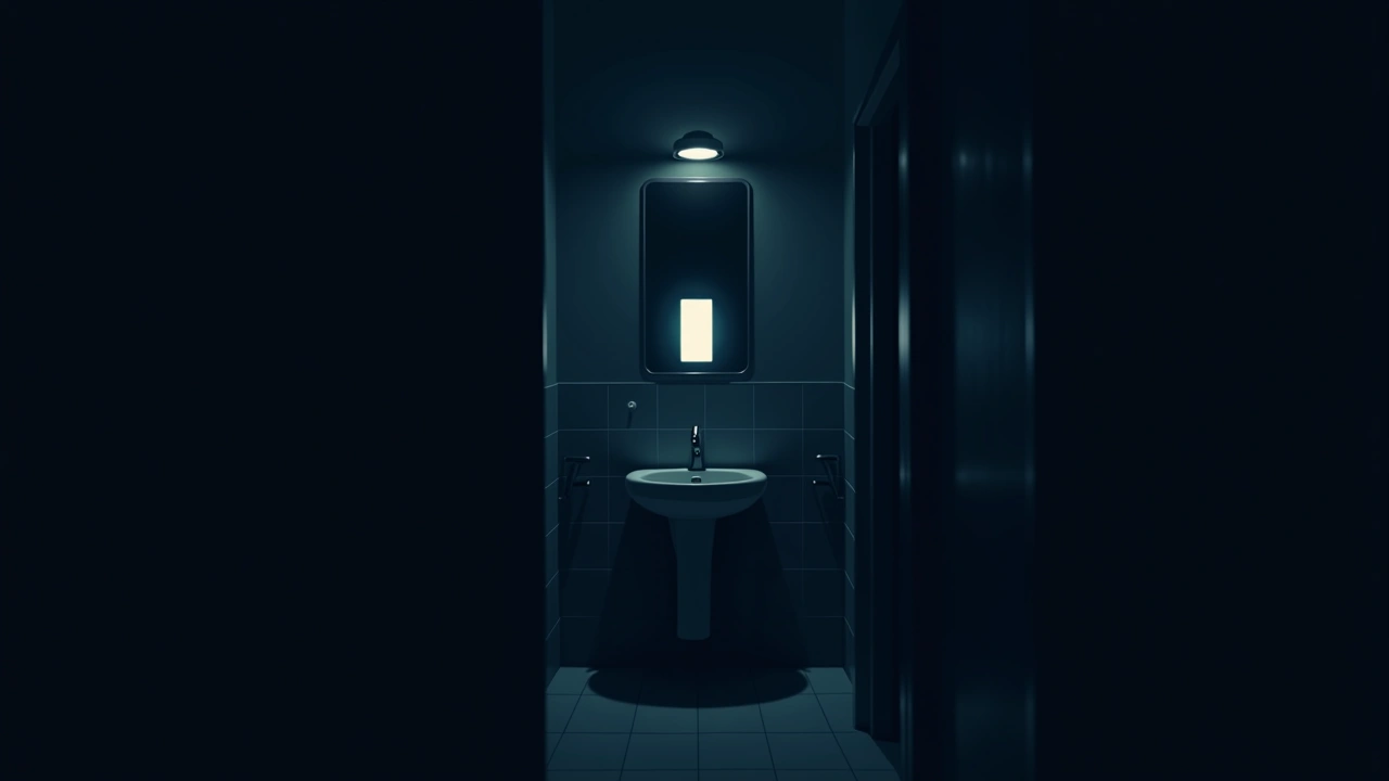 Illustration: a dark school bathroom lit only by a phone screen glowing in the dim light.