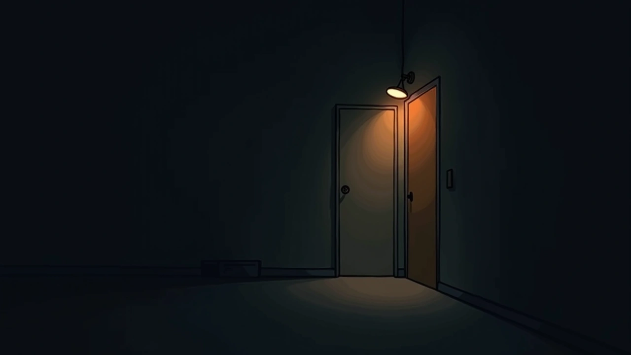Illustration: An apartment door shaking in its frame as a lamp flickers.