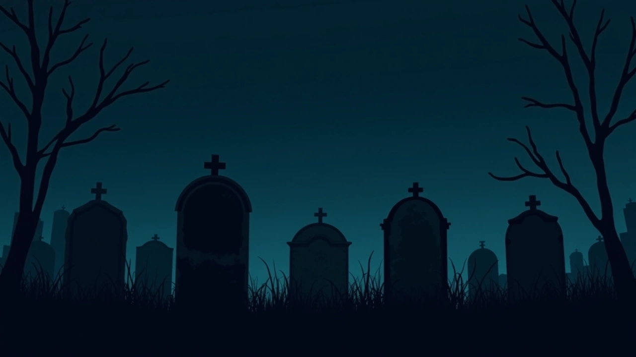Illustration: a row of weathered tombstones in a quiet cemetery at dusk.