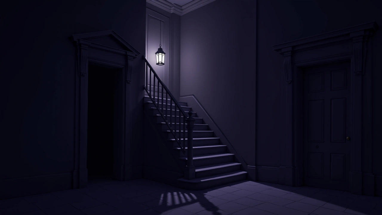 Illustration: an old Victorian staircase inside a historic house at night, dim lantern light casting long shadows.