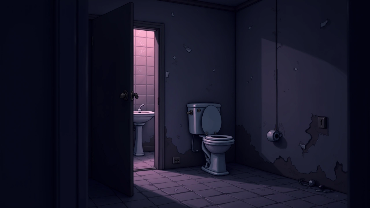 Illustration: an old abandoned bathroom in a decaying building at night, dim light through a cracked doorway.