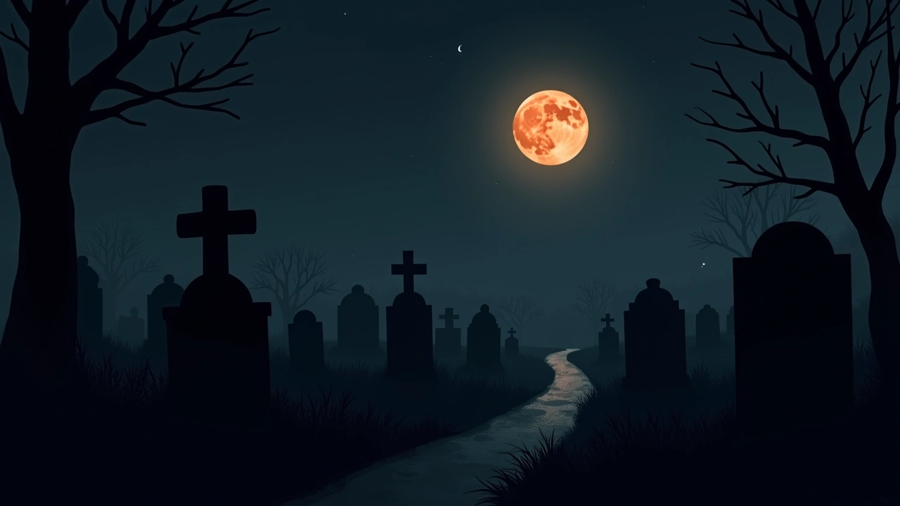 Illustration: an old cemetery at night among historic gravestones, lit only by moonlight.