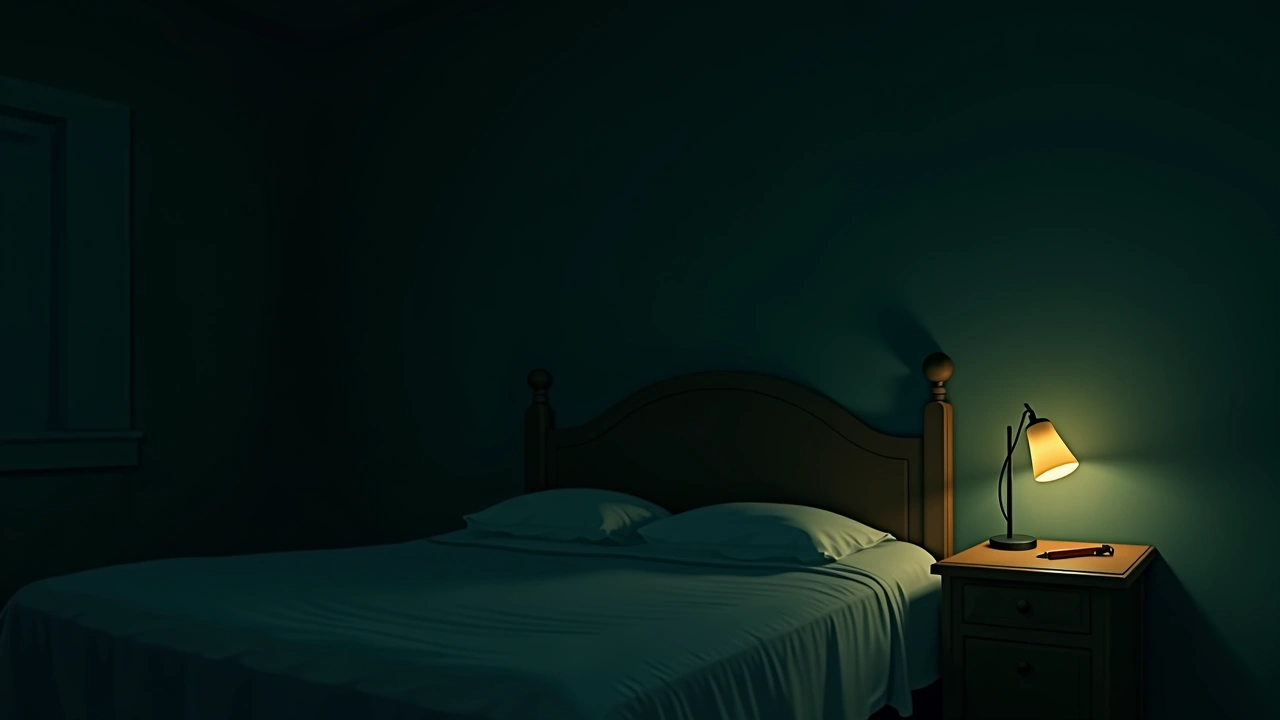Illustration: A softly lit bedroom at night with a wooden pencil resting on a nightstand beside a dim lamp.