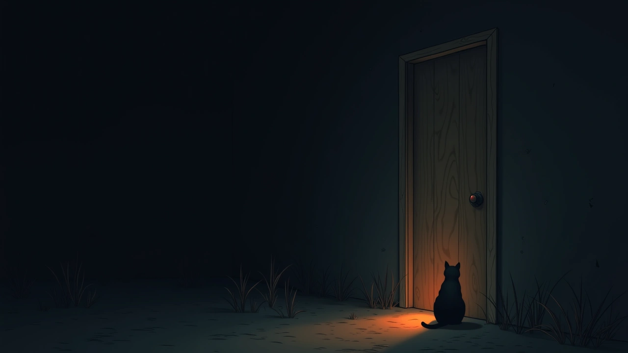 Illustration: A cat sitting beside a wooden pine door in dim evening light.