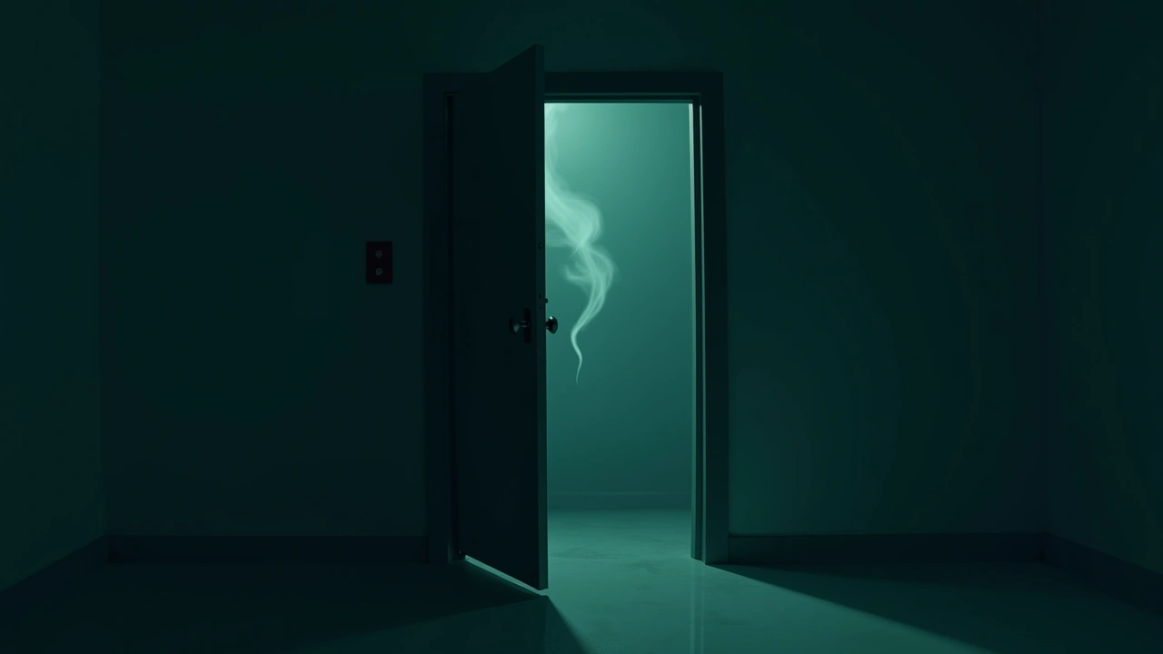 Illustration: A dark closet door standing ajar in a dim hallway, a faint wisp of smoke curling in the air.