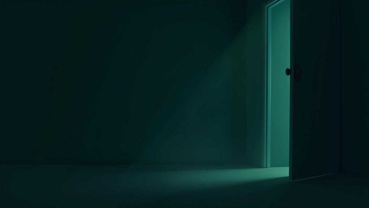 Illustration: A dim bedroom at night with a closed laptop glow fading, and a shadow lingering near the closet door.