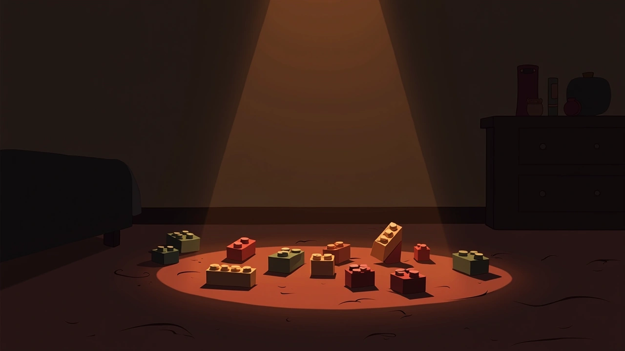 Illustration: a child's bedroom floor scattered with toy building blocks under dim evening light.