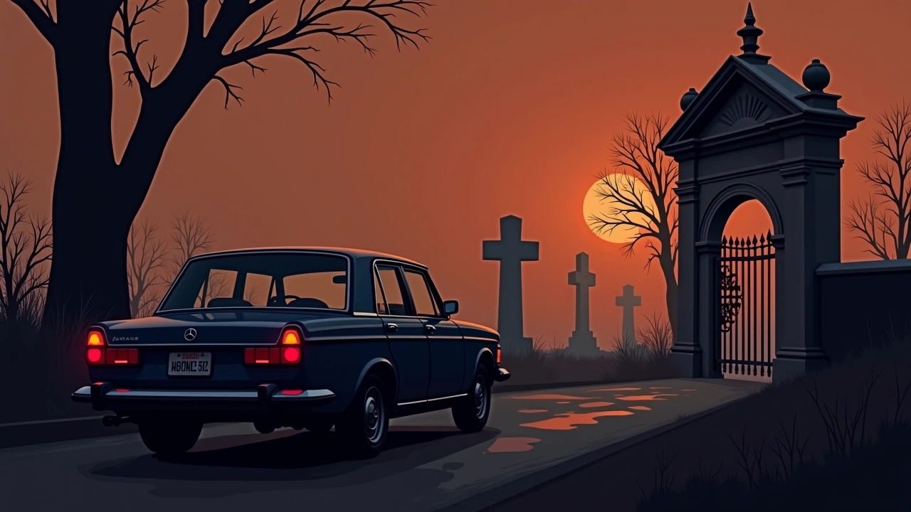 Illustration: a car parked near an old cemetery gate at dusk.