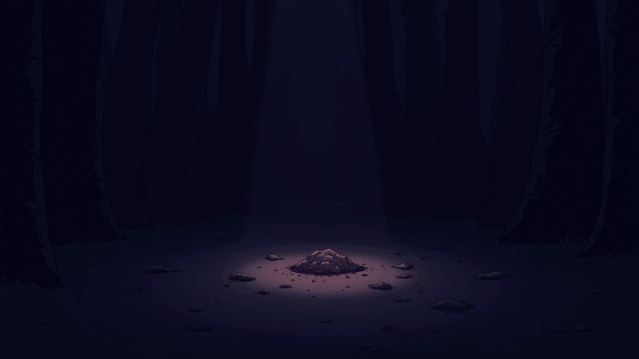 Illustration: a dark forest clearing at night with a small patch of freshly disturbed earth.