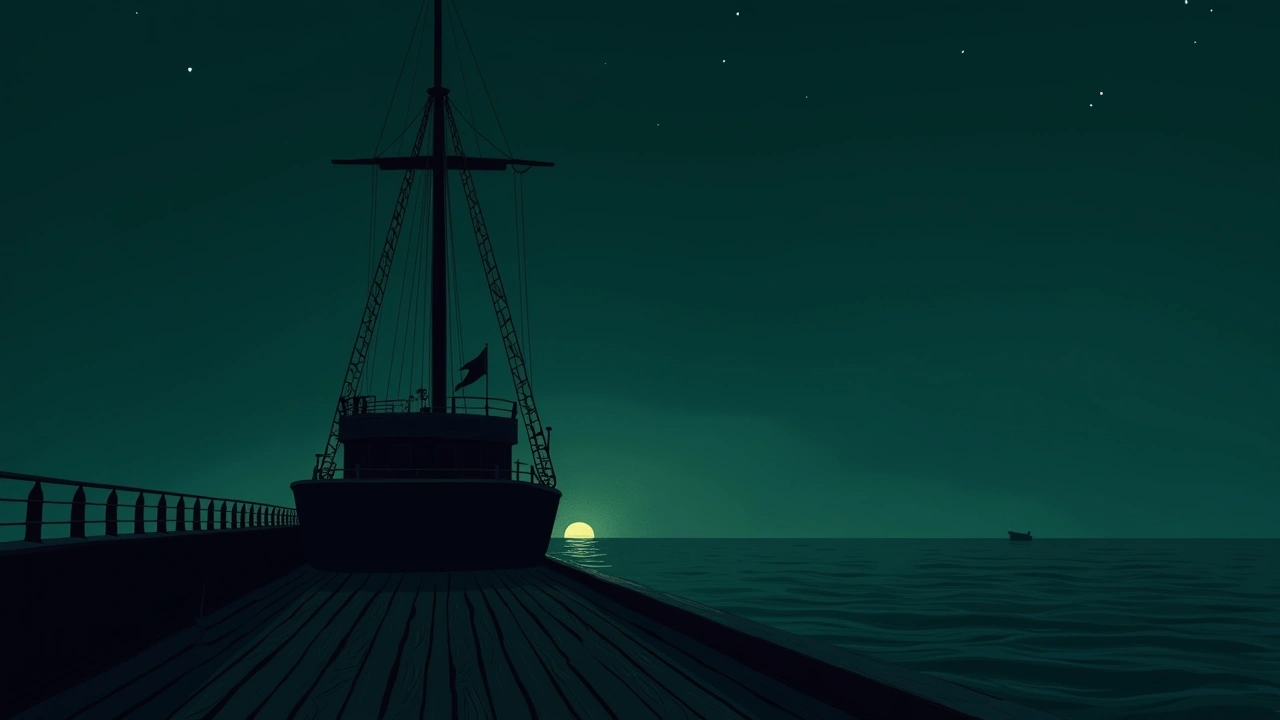 Illustration: a ship's deck at night under an open ocean sky.