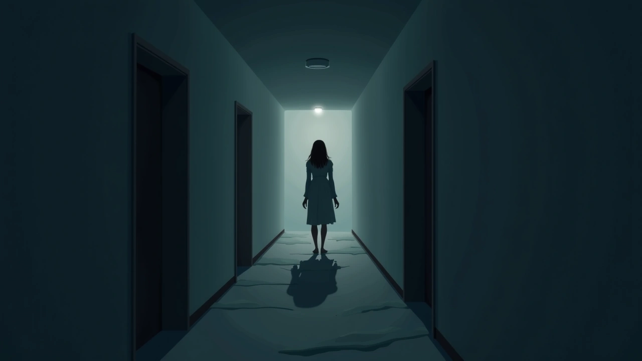 Illustration: a dim hotel hallway at night with an odd shadow cast on the wall.