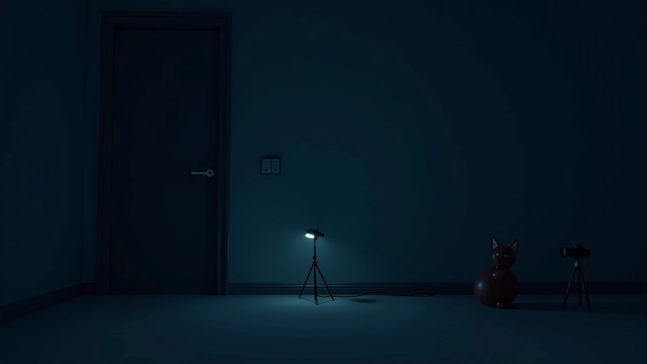 Illustration: A dim, empty bedroom wall with camera equipment set up nearby.