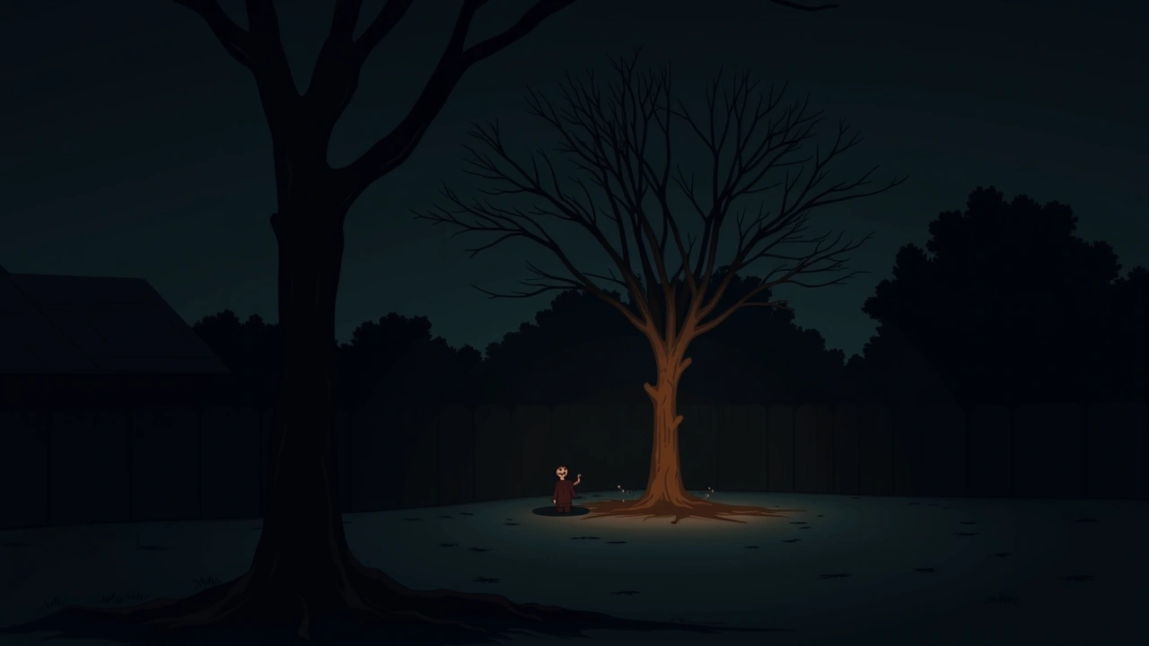 Illustration: a bare tree at night in a yard, moonlit, with a faint dark shape barely visible among the branches.