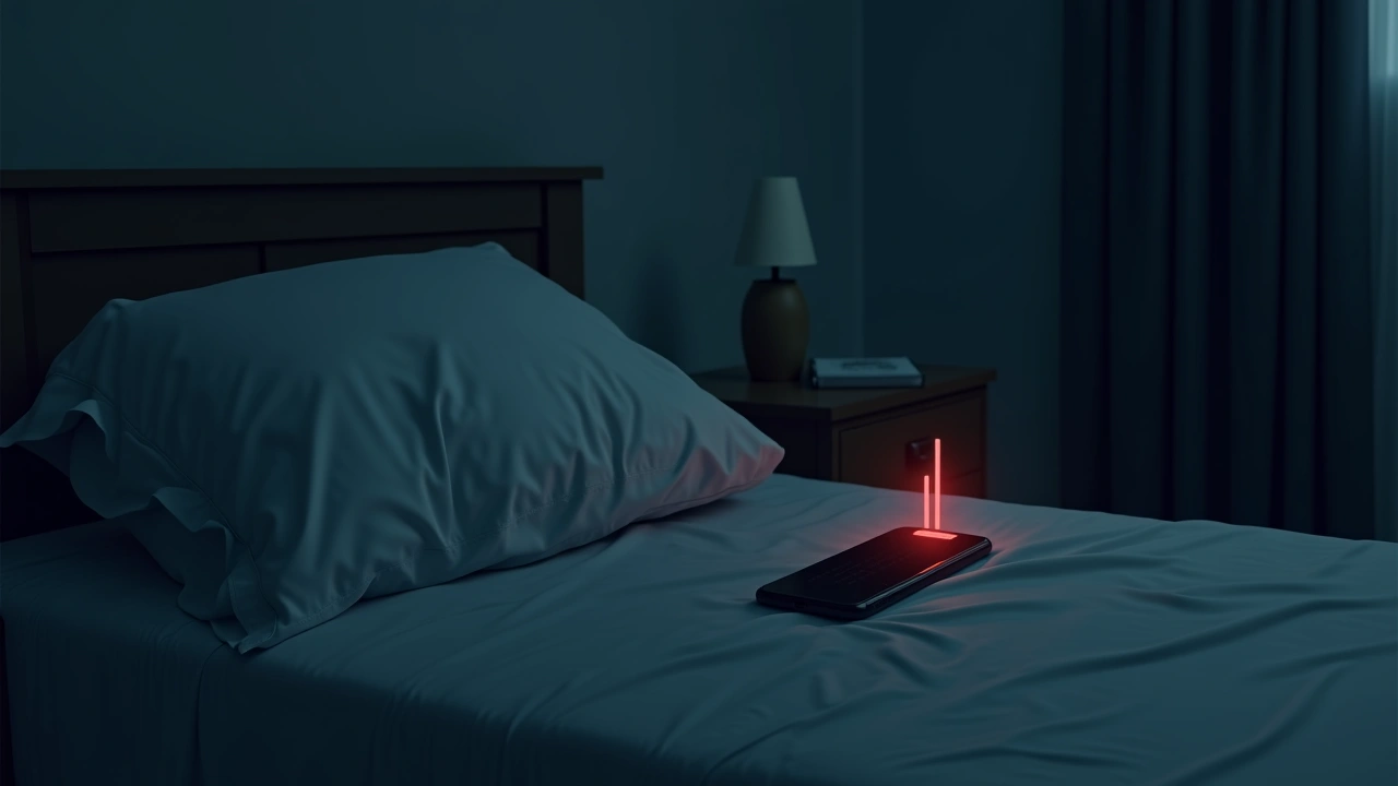 Illustration: A darkened bedroom at night, a phone's signal-strength bars glowing red beside a rumpled pillow.