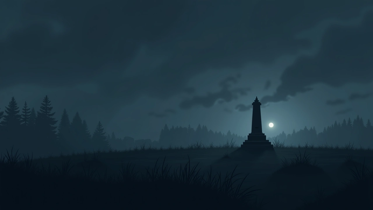 Illustration: a quiet Civil War battlefield monument at dusk.