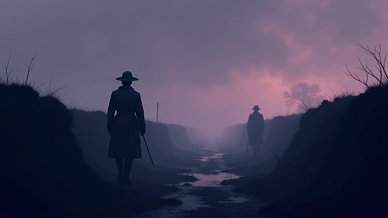 Illustration: a faded WWI-era battlefield scene at dusk, mist drifting over empty trenches.