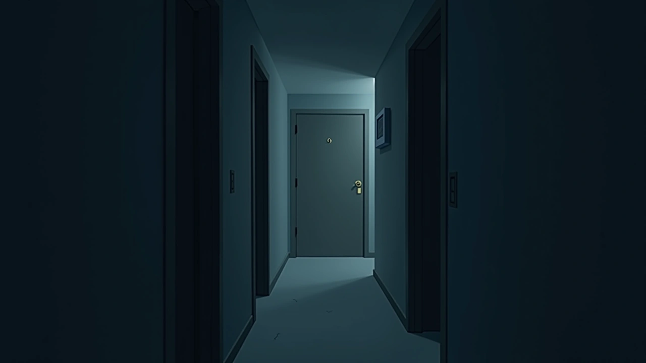 Illustration: a dim apartment hallway with a closed door across the way.
