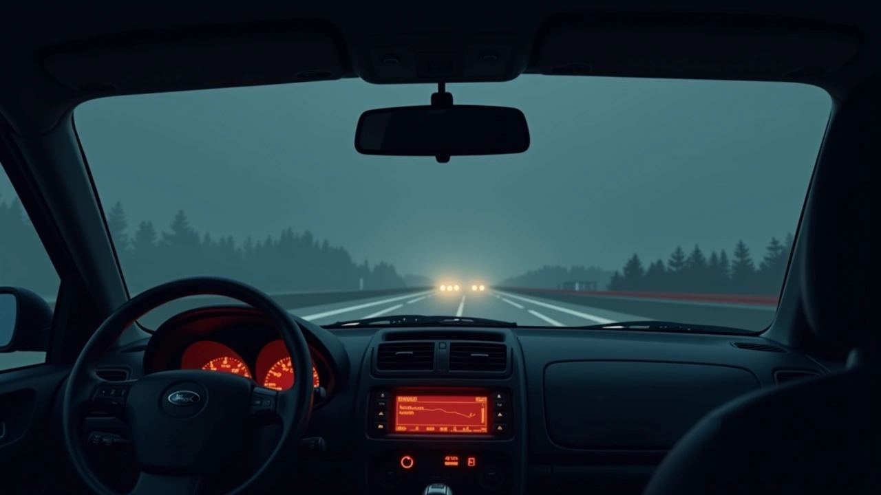 Illustration: a car interior at dusk on a long highway drive, dashboard lights glowing.