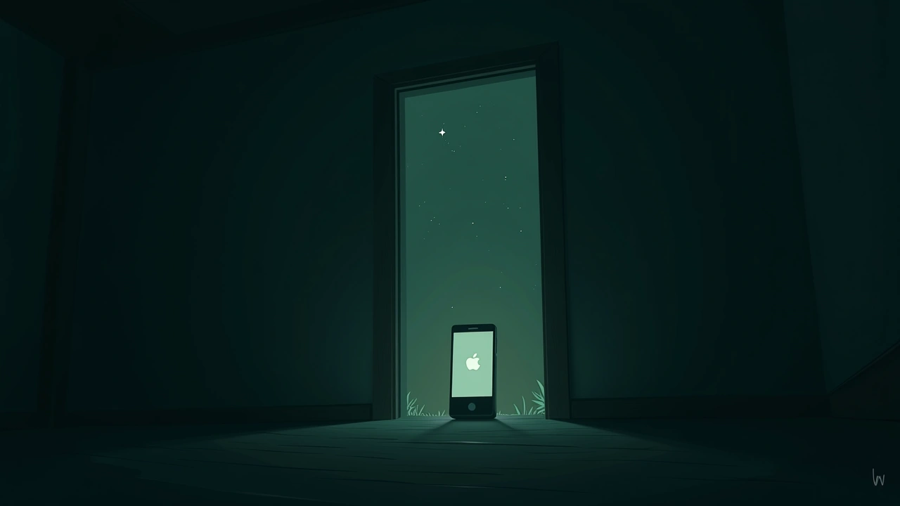 Illustration: an old smartphone displaying an unknown text message in a dim room at dawn.