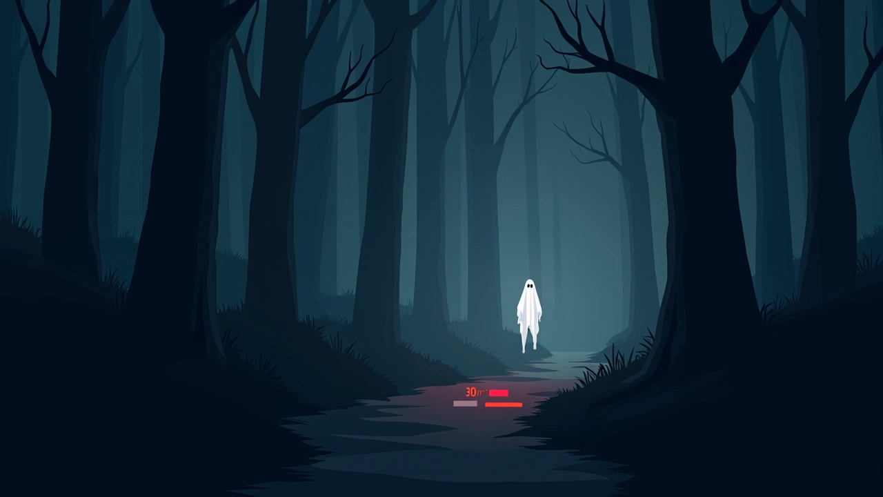 Illustration: A wooded trail at dusk, a ghost-hunting app's signal bars glowing red.
