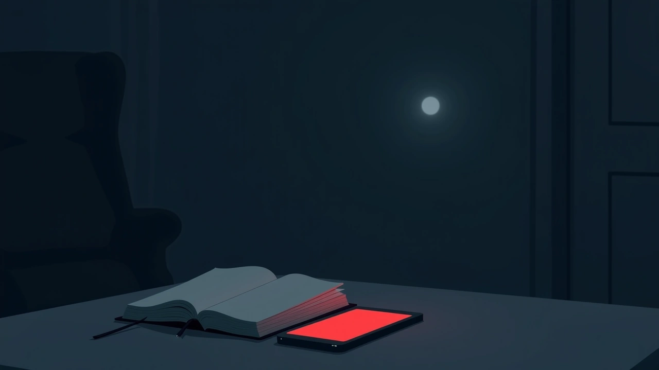 Illustration: a dim indoor room at night, a book lying slightly ajar beside a glowing red device screen.