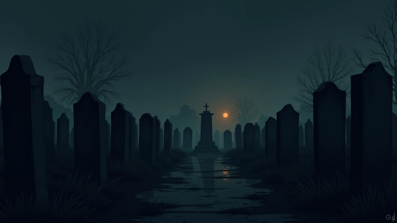 Illustration: rows of weathered headstones in a quiet cemetery at dusk.