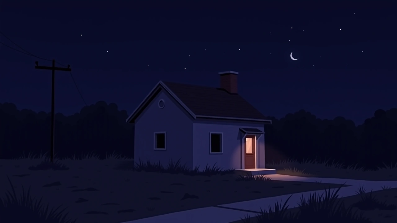 Illustration: a house exterior at night under a dark sky.