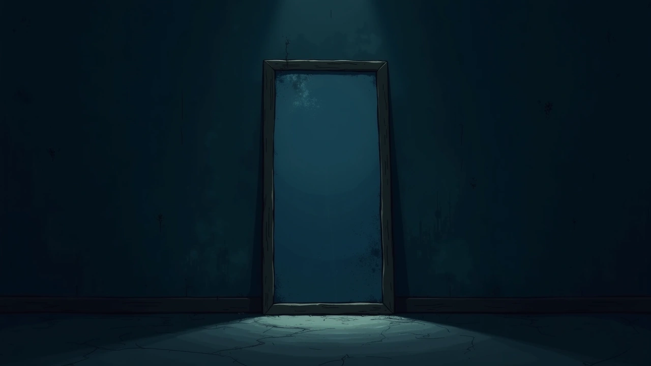 Illustration: an old mirror on a dim bedroom wall.