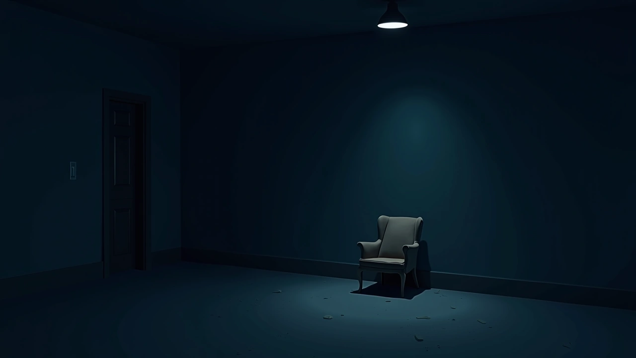 Illustration: a single empty armchair in a dim, unfinished basement room.