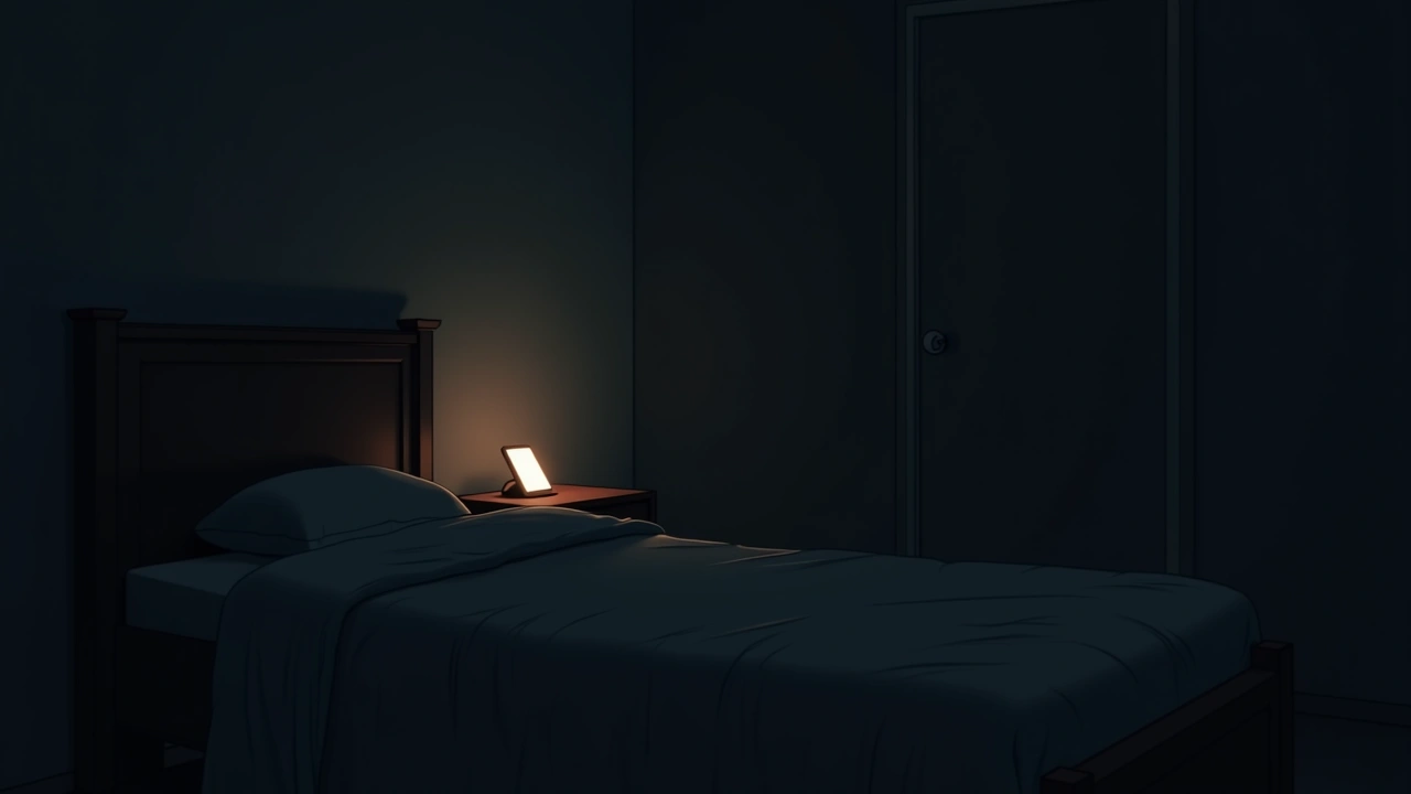 Illustration: a dim, empty bedroom at night, a phone glowing faintly on the nightstand.