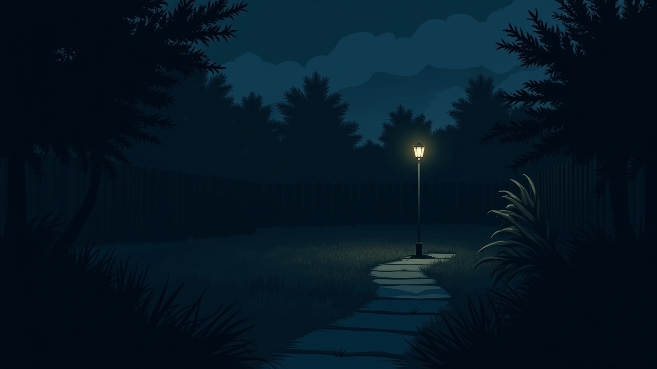 Illustration: A quiet overgrown backyard at dusk with a single dim porch light glowing in the distance.