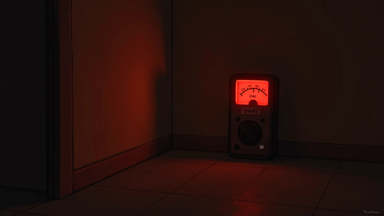 Illustration: an EMF meter glowing red, needle pinned to the max, in a dim room.