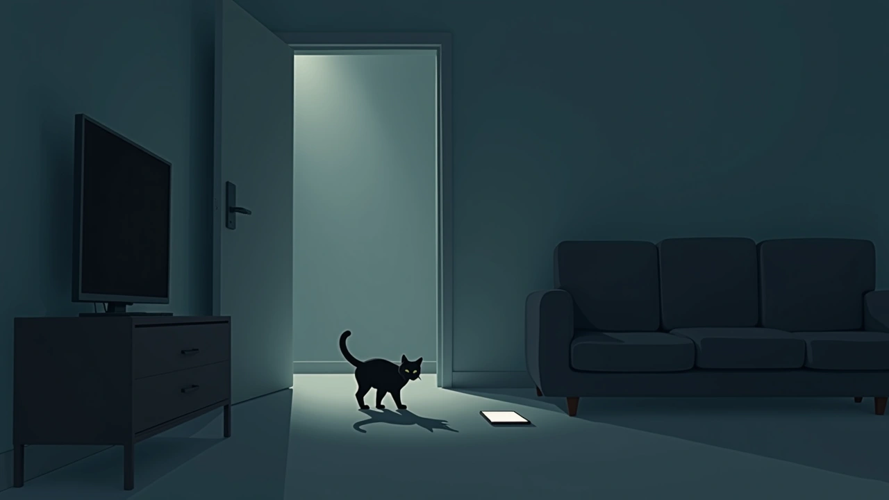Illustration: a cat walking across a dim living room floor, a phone screen glowing nearby.