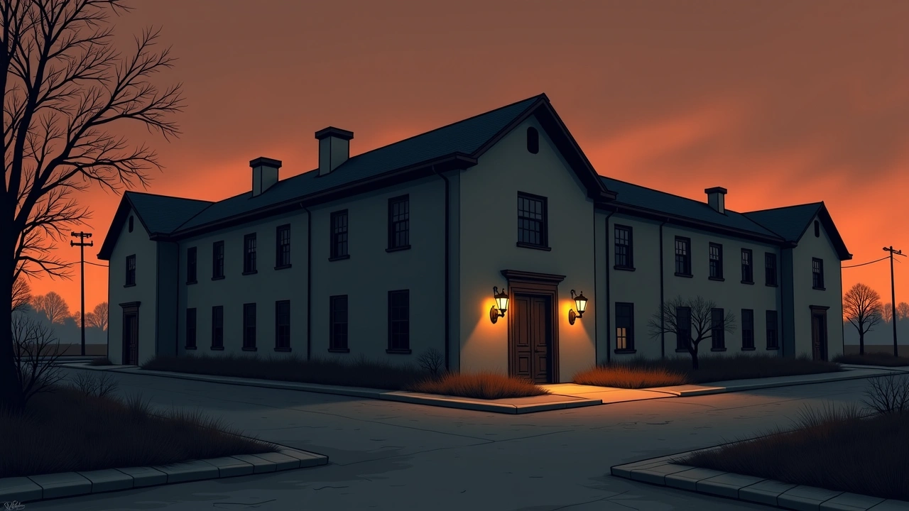 Illustration: an old state prison building seen across the street at dusk.