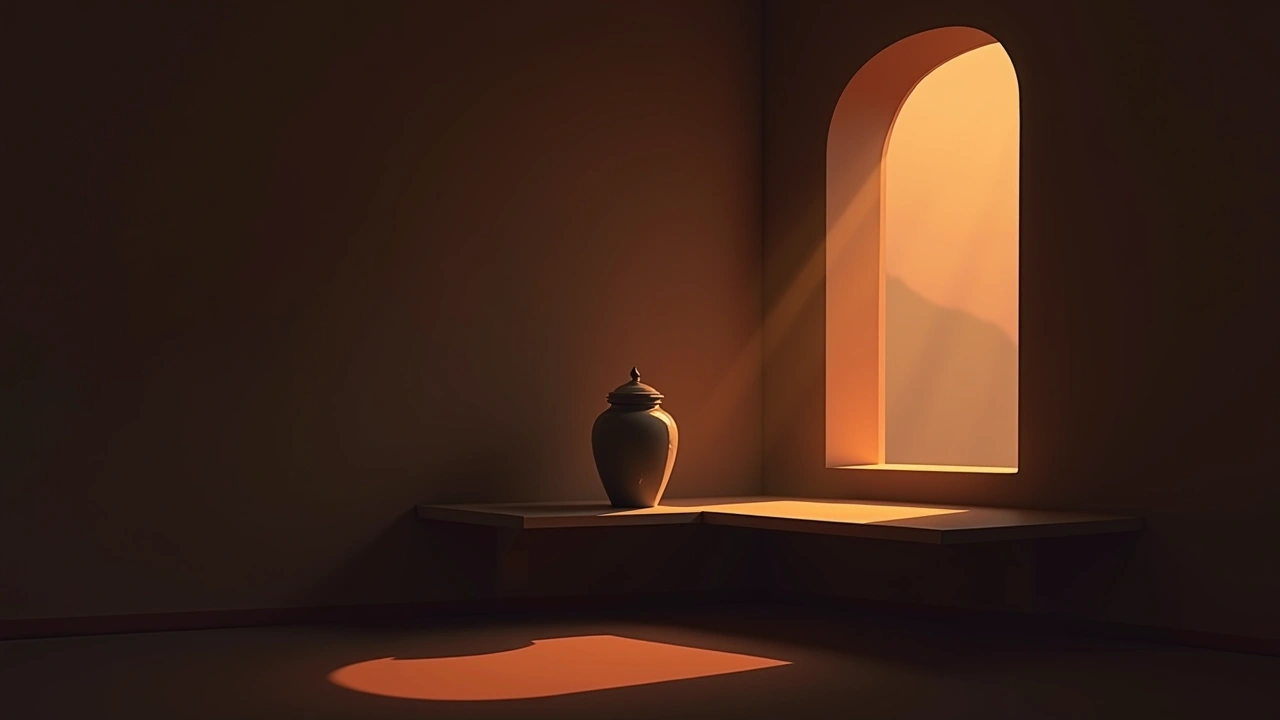 Illustration: a funeral urn resting on a shelf in a quiet, sunlit room.