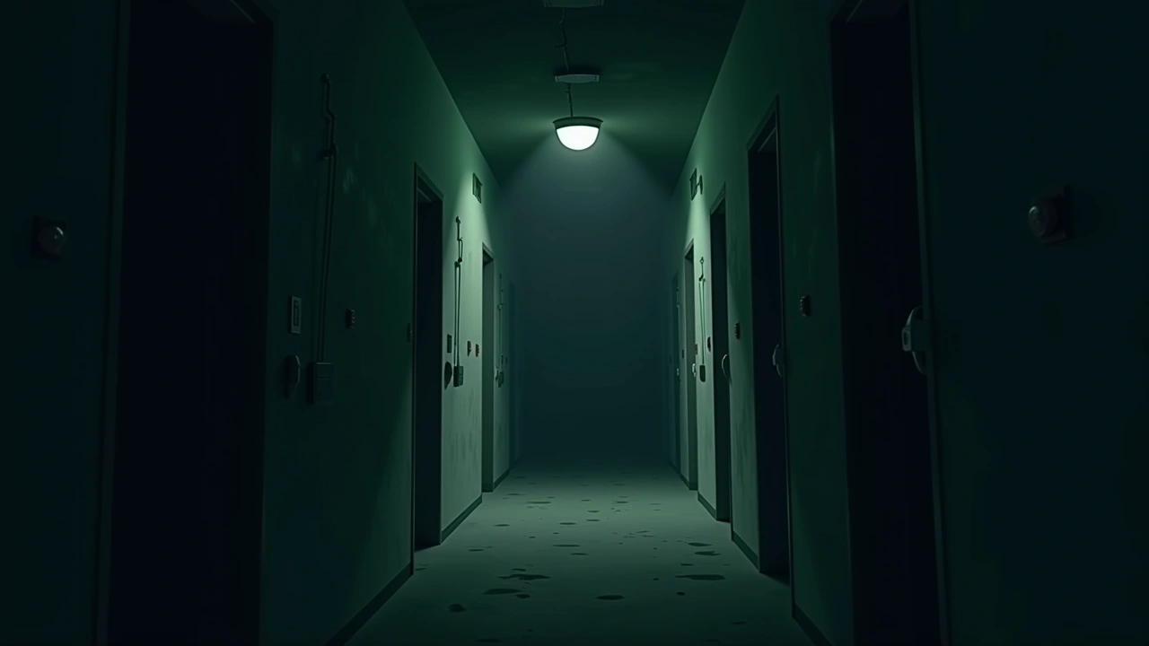 Illustration: a dim, empty prison cell block corridor.