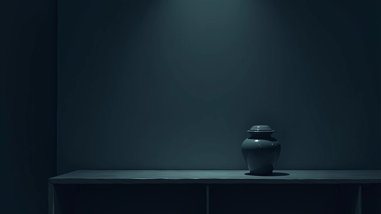 Illustration: a small urn resting on a shelf in a quiet, dim room at night.