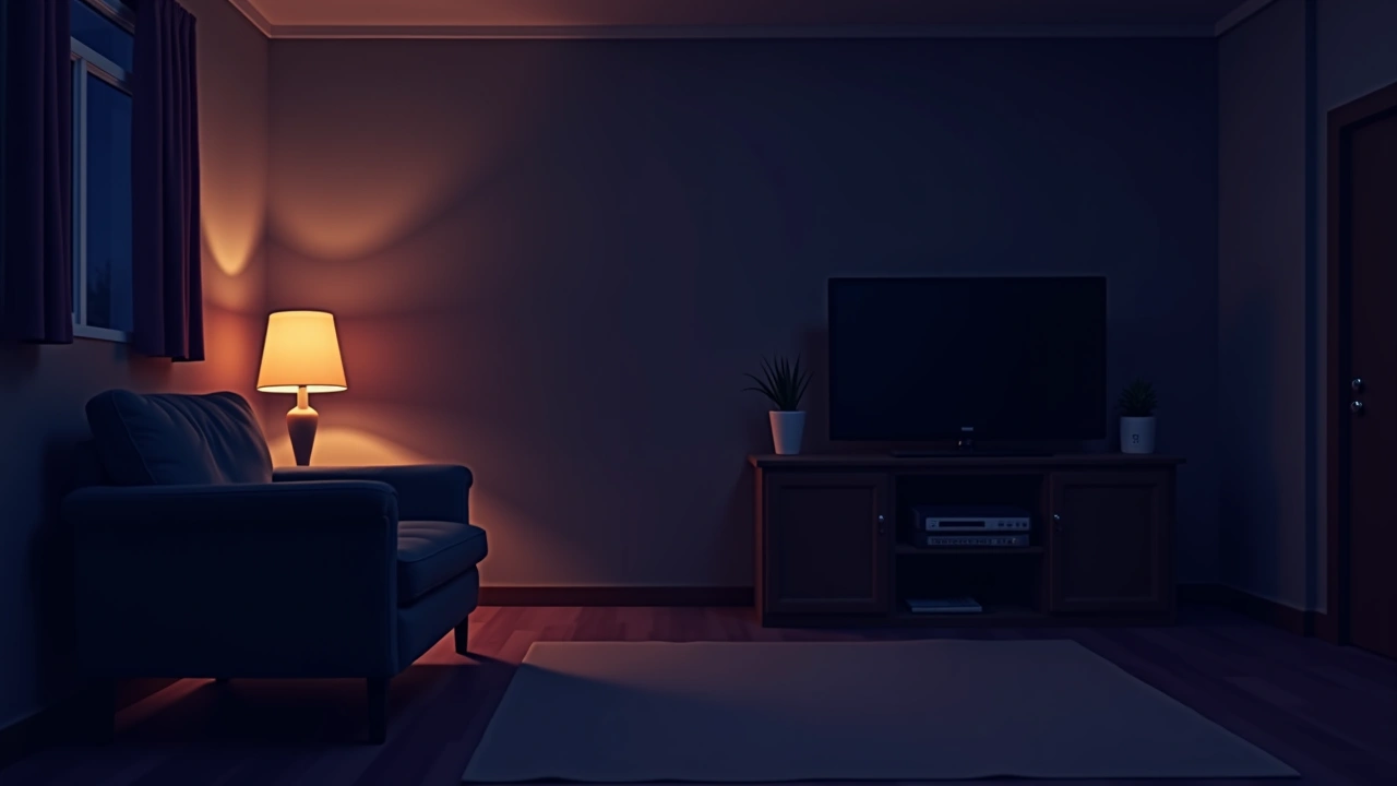 Illustration: A cozy shared apartment living room lit by a single warm lamp at night.