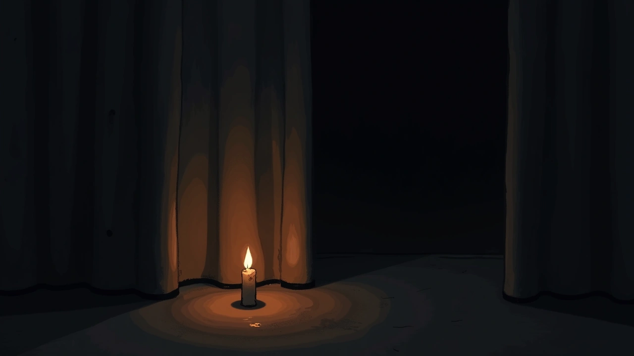 Illustration: a nearly burned-out candle beside a curtain moving on its own in a dim room.